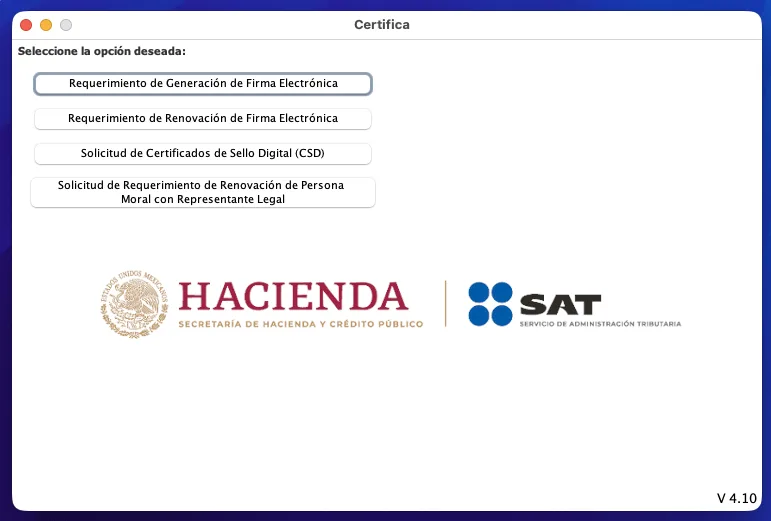 Pantalla principal de la aplicación Certifica del SAT