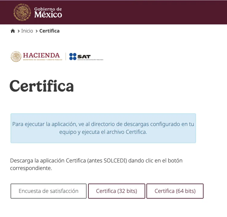 Pantalla de descarga de Certifica en el portal del SAT